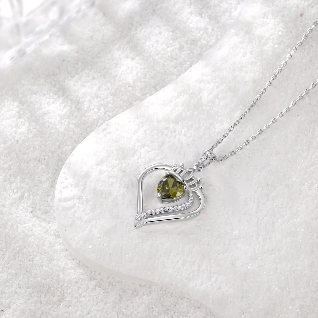 Yndra Heart Necklace for Women,S925 Sterling Silver August Peridot Birthstone Crown Pendant Necklace,Jewelry Gift for Her Wife Mom Girlfriend,Birthday Valentine’S Day Mother’S Day Gift