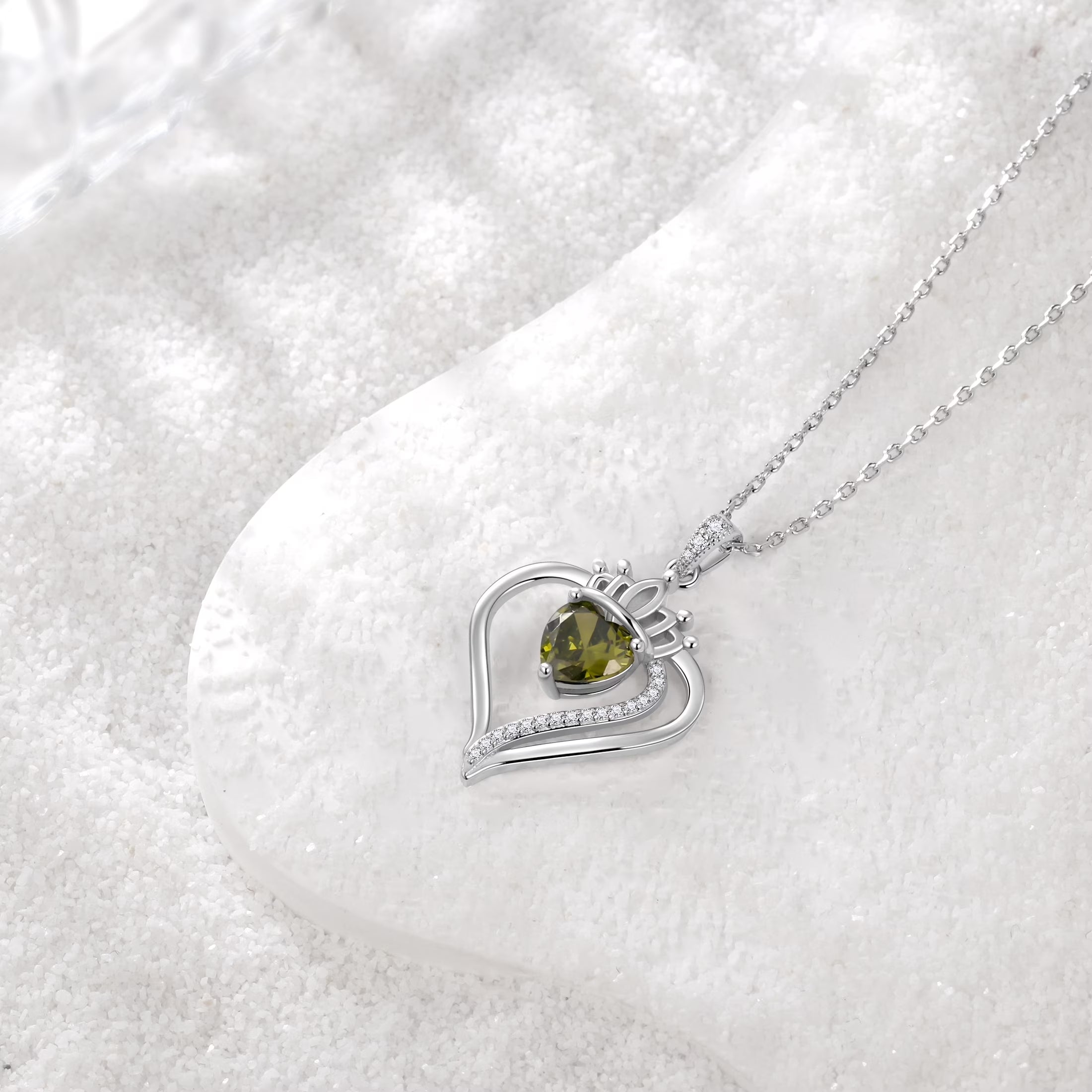 Yndra Heart Necklace for Women,S925 Sterling Silver August Peridot Birthstone Crown Pendant Necklace,Jewelry Gift for Her Wife Mom Girlfriend,Birthday Valentine’S Day Mother’S Day Gift