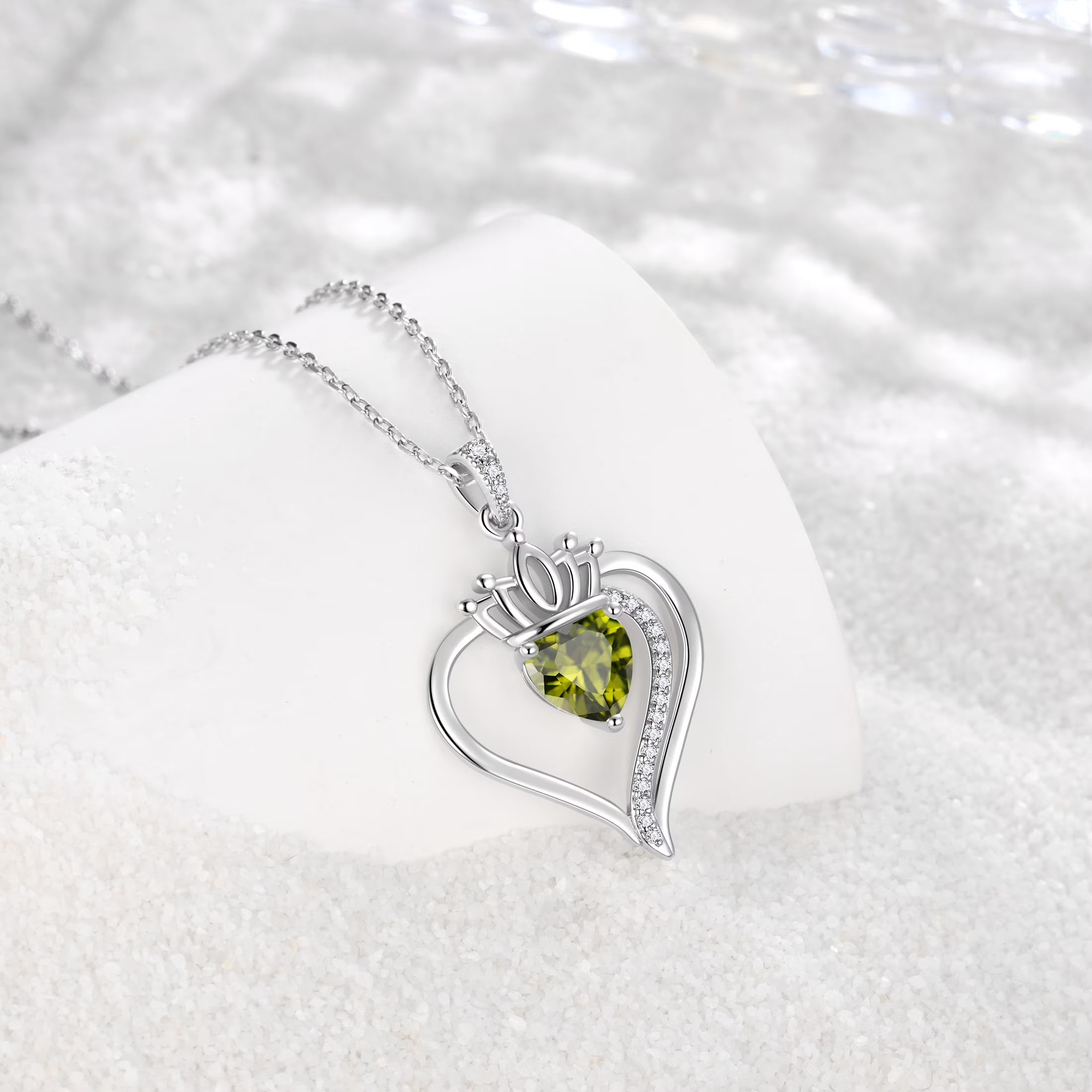 Yndra Heart Necklace for Women,S925 Sterling Silver August Peridot Birthstone Crown Pendant Necklace,Jewelry Gift for Her Wife Mom Girlfriend,Birthday Valentine’S Day Mother’S Day Gift