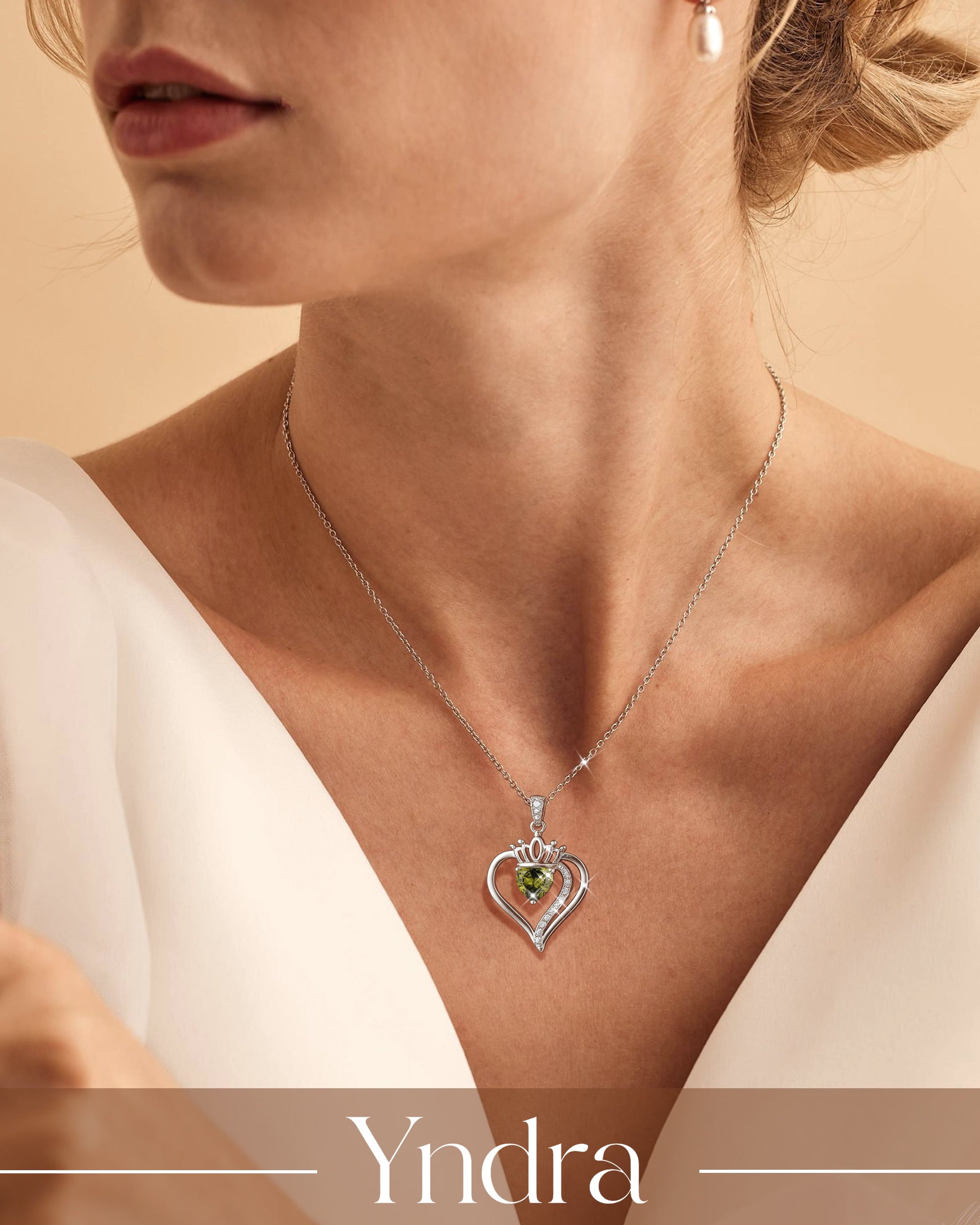 Yndra Heart Necklace for Women,S925 Sterling Silver August Peridot Birthstone Crown Pendant Necklace,Jewelry Gift for Her Wife Mom Girlfriend,Birthday Valentine’S Day Mother’S Day Gift
