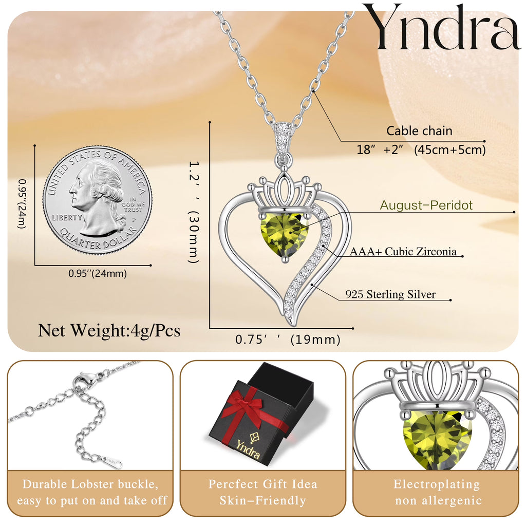Yndra Heart Necklace for Women,S925 Sterling Silver August Peridot Birthstone Crown Pendant Necklace,Jewelry Gift for Her Wife Mom Girlfriend,Birthday Valentine’S Day Mother’S Day Gift