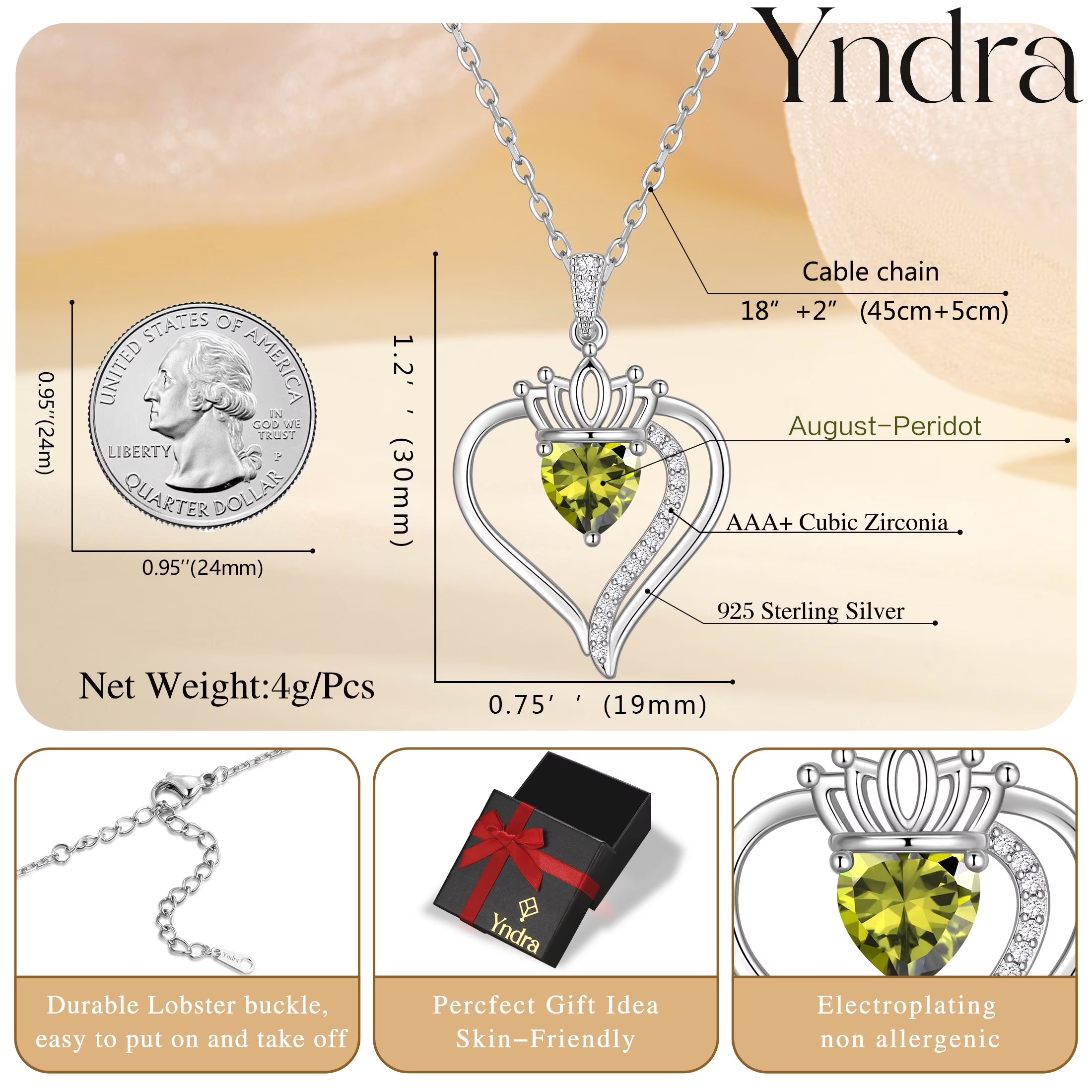Yndra Heart Necklace for Women,S925 Sterling Silver August Peridot Birthstone Crown Pendant Necklace,Jewelry Gift for Her Wife Mom Girlfriend,Birthday Valentine’S Day Mother’S Day Gift