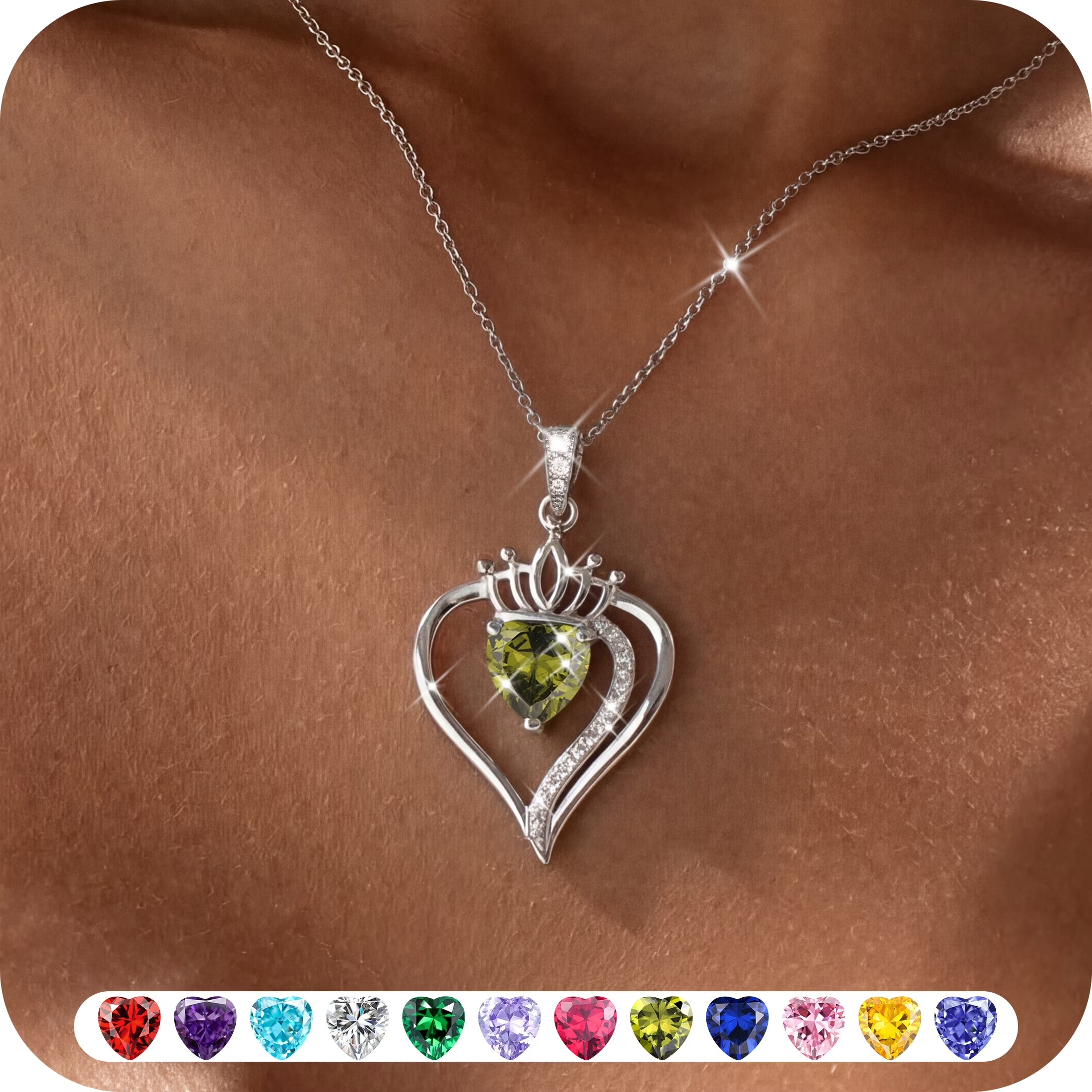 Yndra Heart Necklace for Women,S925 Sterling Silver August Peridot Birthstone Crown Pendant Necklace,Jewelry Gift for Her Wife Mom Girlfriend,Birthday Valentine’S Day Mother’S Day Gift